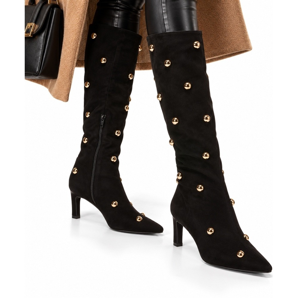 A New Day Justice Mid-Calf Studded Pointed Toe Cone Heel Boots Jet Black 10WC